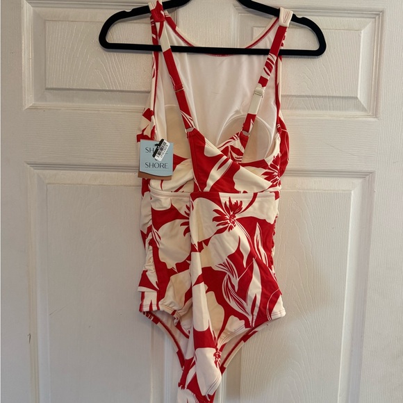 Shade & Shore Red and Cream Floral High-Neck One-Piece Swimsuit - Picture 4 of 5